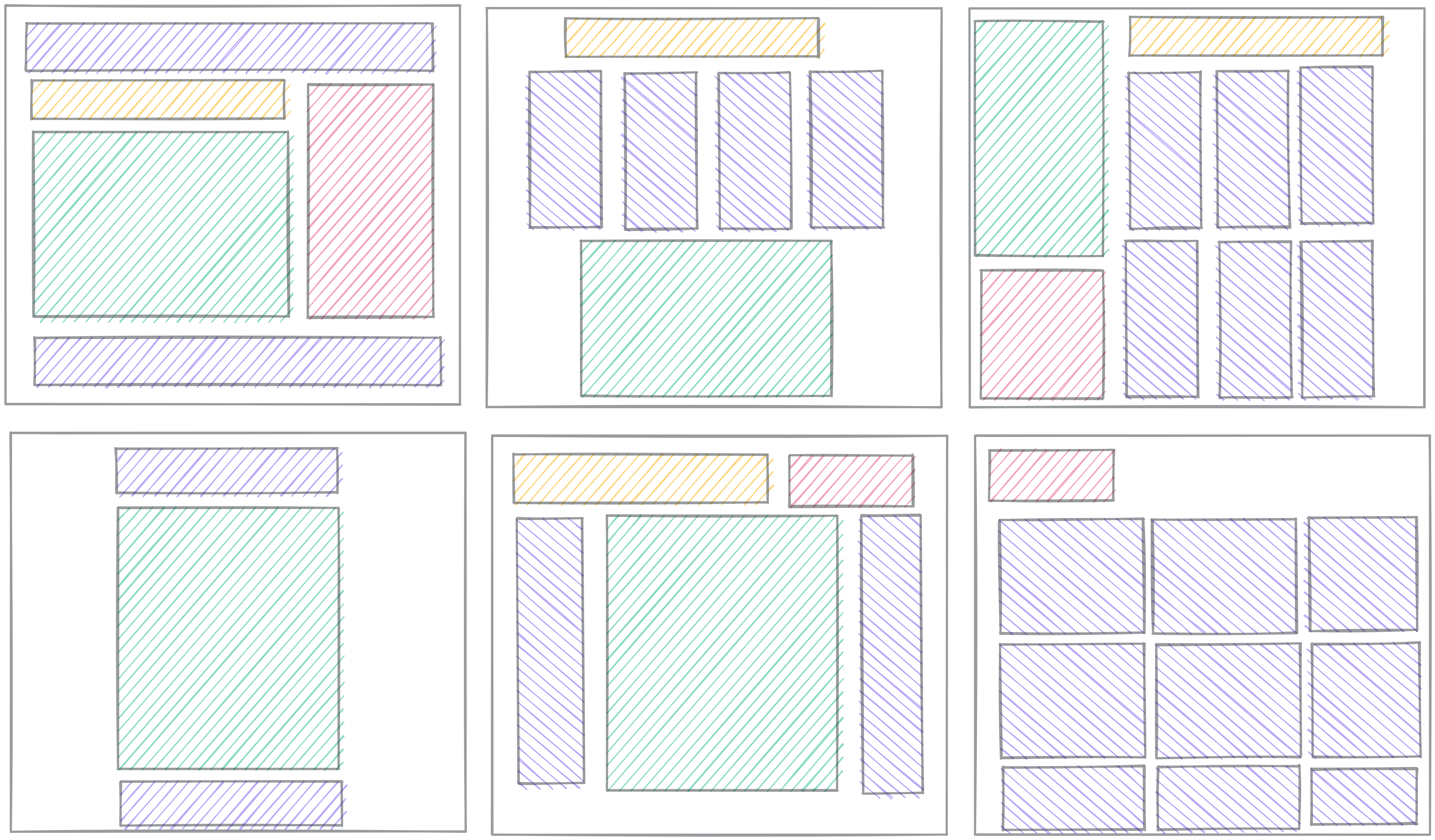 Examples of page layouts, using colored boxes to suggest elements arranged around a web page.